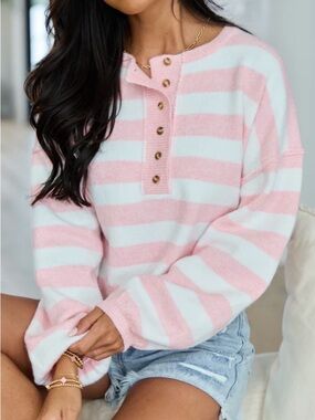Pink Lily Pink & Ivory Striped Henley Knit Sweater Size Medium NWOT Cozy Soft